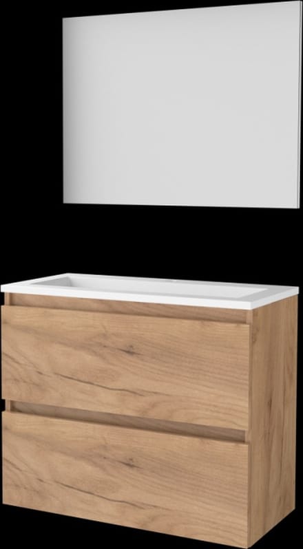 Basic-Line Basic 39 Badkamermeubelset - Ondiep - 80 x 39 cm - Greeploos - 2 Lades - Acryl Wastafel - 1 Kraangat - Spiegel - Whisky Oak