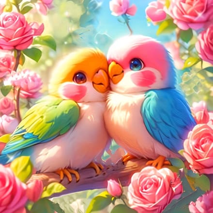 nr 608 Diamond Painting vogeltjes met rozen 40x40cm (rond)