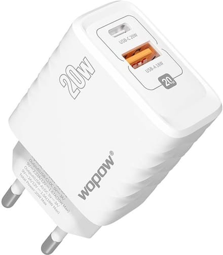 Wopow Duo Oplader Met 2 USB Poorten (USB-C + USB-A), MD16, 20W, Wit, 6933185736317