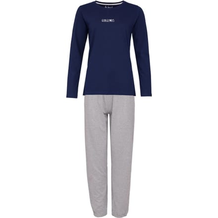 By Louise Dames Pyjama Set Lang Katoen Donkerblauw / Grijs Gestipt - Maat XL