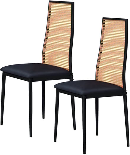 Set van 2 Eetkamerstoelen met Rotan Rug - Zwart Leerlook, Hoge Rugleuning