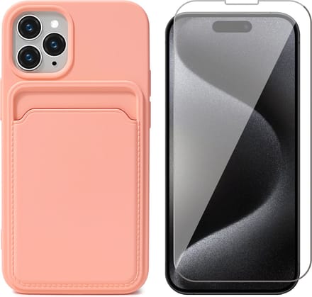 Hoesje Pasjeshouder geschikt voor iPhone 15 Pro Max - Screenprotector GlassGuard - Siliconen Case Back Cover Roze & Screen Protector