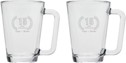 Gegraveerde set Theeglazen 26cl Papa + Mama 15 jaar getrouwd