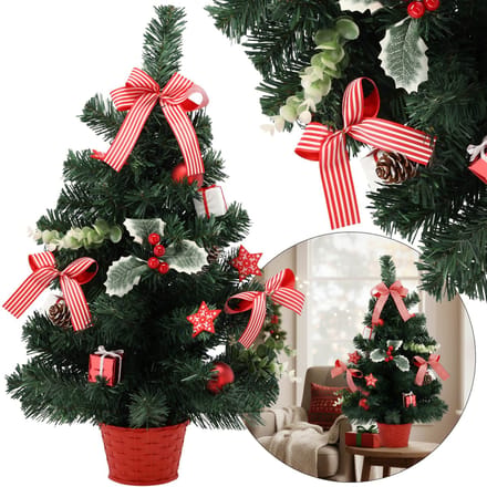 KLEINE Kunstkerstboom, rood met hulst in pot, VERSIERD 60 cm