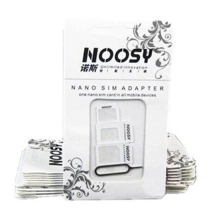 Noosy wit 4 In 1 Micro SIM Adapter / Nano Adapter / SIM Adapter met Eject Pin voor iPhone , HTC, Samsung, LG, Motorola, Sony, Nexus, Met SIM retail Box, Hoge Kwaliteit.