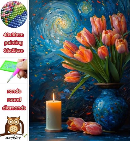 40x30cm Diamond Painting tulpen en kaars (rond) nr 222
