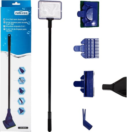 Nobleza Aquarium Schoonmaakset 5-in-1 - Algenschraper - Spons - Visnet - Grindhark - 60 cm - Zwart/Blauw