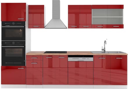 Vicco R-Line Complete keukeneenheid – 300 cm met hoge kast, WB Eik Rood hoogglans/wit