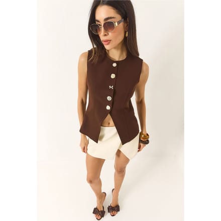 Getailleerde Mouwloze Knopsluiting Vest met Ronde Hals