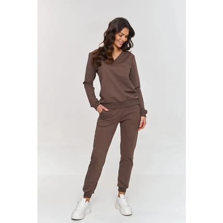 V-hals sweatshirt set en joggingsbroek voor dames Makadamia