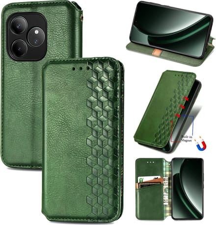 Luxe PU Lederen Ruitpatroon Wallet Case + Screenprotector voor Realme GT 6 / 6T _ Groen