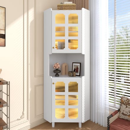 Witte Hoekkast - 63,5 x 124 cm - LED Verlichting - Multifunctioneel - MDF - Wit
