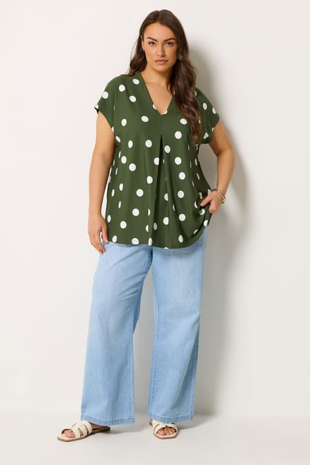 Yours Kakigroen Tshirt Met Stippen En Aangeknipte Mouwen Size 50-52
