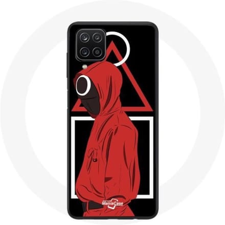 Coque Samsung Galaxy A12 Squid Game logo symboles triangle carre cercle Fond Noir