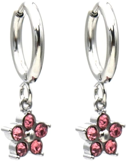 Oorbellen - RVS - kristal bloem - roze - 2,5x1,2 cm