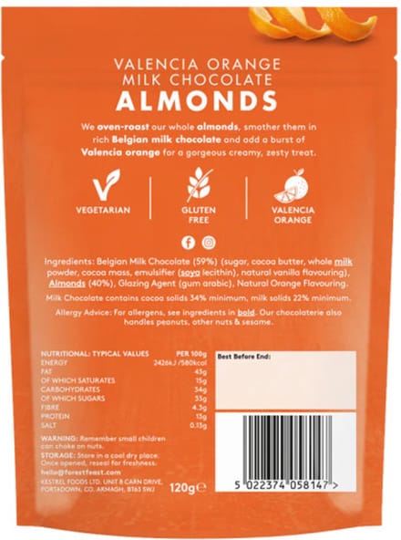 Forest Feast Valencia Orange amandelen met melkchocolade, 120 g