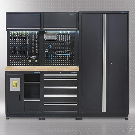 Datona® Werkplaatsinrichting PREMIUM met eiken werkblad 225 cm breed - Zwart