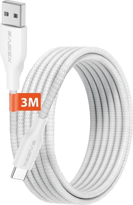 Lange USB-A naar USB-C Kabel 3 Meter - Quick Charge - Sterke USB naar USB C Kabels - Snellader - Wit