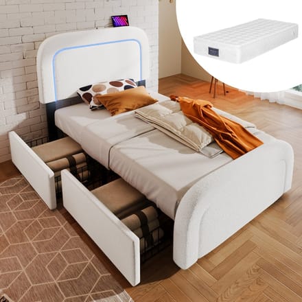 SINGULARITY-Eenpersoonsbed gestoffeerd 90x200cm- bedframe met USB Type C LED en 2 lades- Sherp-White met matras