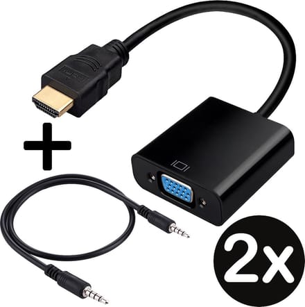 HDMI naar VGA Kabel Adapter Converter HD Met Audiokabel - Zwart - 2 Stuks