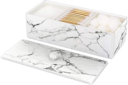 Cotton Swab Holder with Lid - Marble Pattern Makeup Canister Jar for Cotton Pads - Cosmetics Countertop Organizer