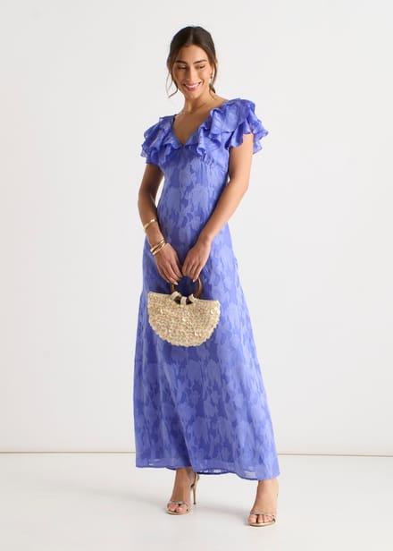 Blauwe maxi-jurk van satijnjacquard met ruches