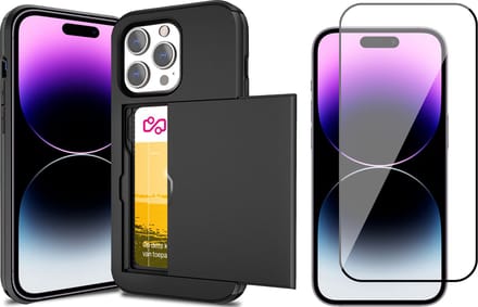Hoesje met Pasjeshouder geschikt voor iPhone 15 Pro Max - Screen Protector FullGuard - Back Cover SlideCase Zwart & Screenprotector