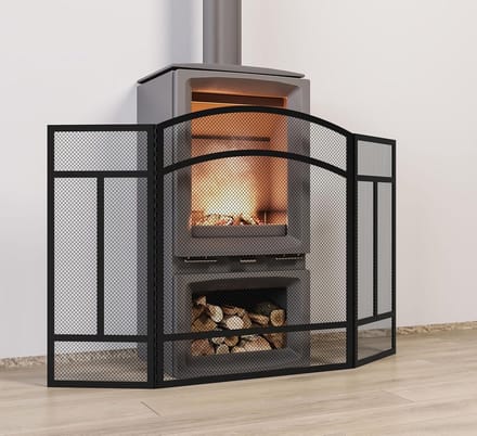 Gebogen 3-panelen vonkscherm voor open haard - zwart staal, 96,5 x 61 cm