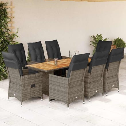 vidaXL - 9-delige - Bistroset - met - kussens - poly - rattan - grijs