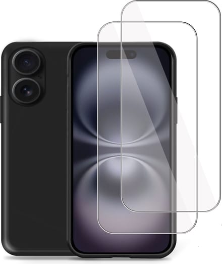 Hoesje + 2x Screenprotector geschikt voor Apple iPhone 16 Plus – Tempered Glass - Liquid Back Case Cover Zwart