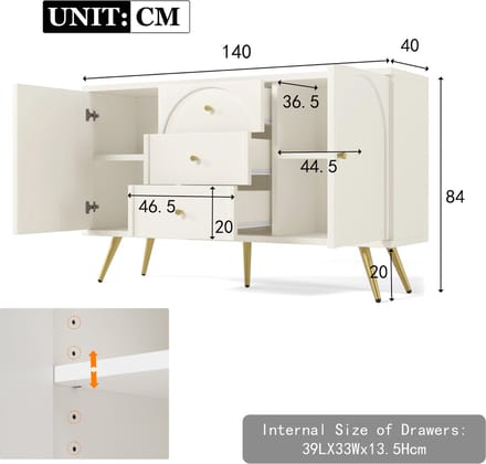 MODFU Dressoir H84/B140/T40 cm van spaanplaat en metaal, crème-wit, gebogen front, 2 deuren en 3 lades