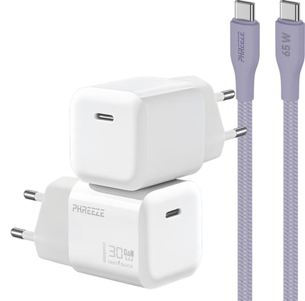 Power Delivery oplader met 30w usb C poort met usb C kabel 1m paars