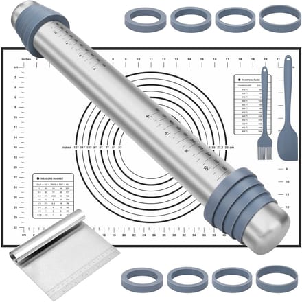 deegroller,verstelbaar deegroller,Rolling Pin met 8 Afneembare Siliconen Ring,met maatmarkering siliconen bakmat,olieborstel en schraper,deegschraper,voor pizza,cake