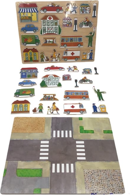 kinderpuzzel in de Stad dubbelzijdige puzzel stukjes achterkant grote kruising stad