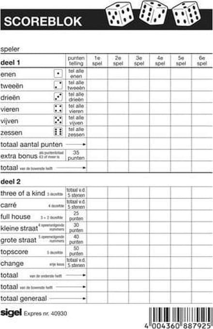 Sigel scoreblok Yahtzee - Expres - 105x148mm - 100 vel - 1 blok - SI-40930