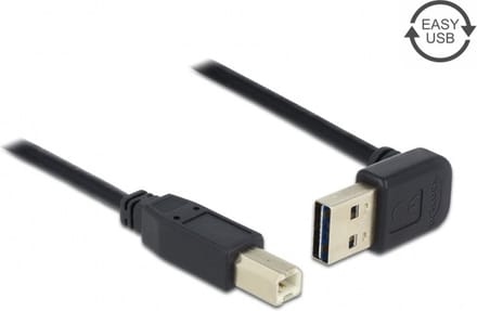 Easy-USB-A haaks (boven/beneden) naar USB-B kabel - USB2.0 - tot 2A / zwart - 1 meter