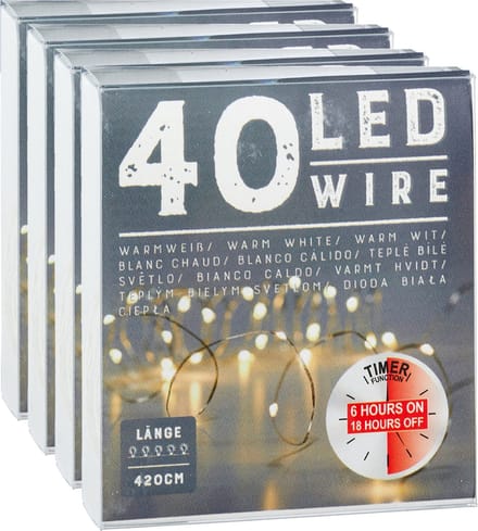 Draadverlichting lichtsnoer - 4x - 240 cm - 40 leds - warm wit - batterij - timer - kerstverlichting