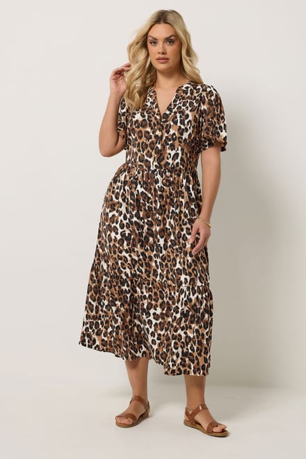 Yours Bruine Jurk Met Luipaardprint En Halve Knoopsluiting Size 42