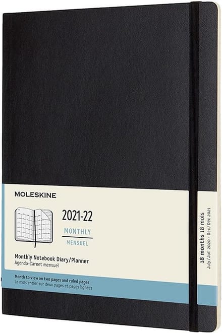 18 maanden kalender/planner - maandplanner met softcover en elastische sluiting, X-Large 19 x 23 cm, zwart