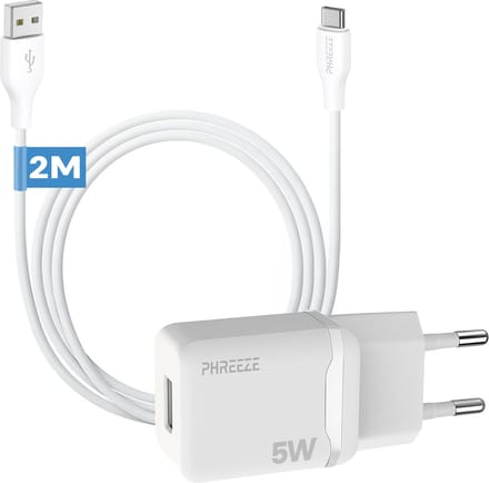 Phreeze usb lader 5V 1A - Usb C naar usb kabel 2m - Usb stekker voor gsm tablet accessoires - Universele usb oplaadblokje 5w
