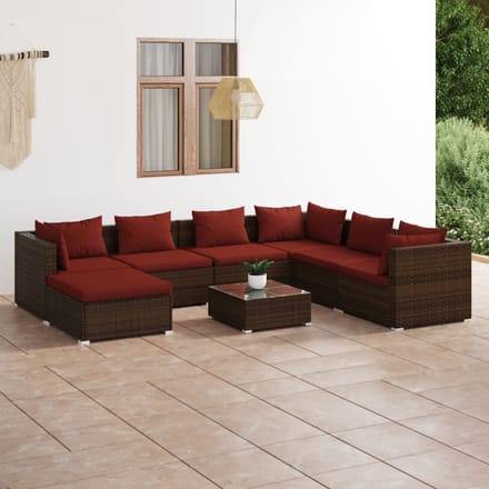 vidaXL - 8-delige - Loungeset - met - kussens - poly - rattan - bruin