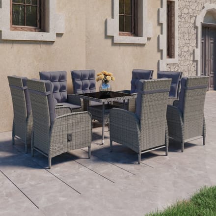 vidaXL - 9-delige - Tuinset - poly - rattan - en - glas - grijs