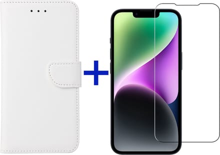iPhone 14 hoesje bookcase met pasjeshouder + screenprotector voor iPhone 14 - Wit