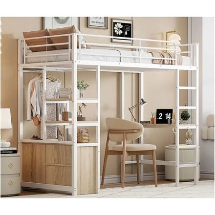 ModernLuxe Metalen mezzaninebed 90x200cm - met bureau + USB-aansluitingen + barrières - Wit