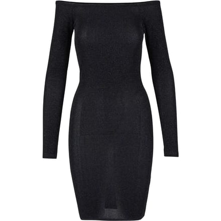 Urban Classics - Off Shoulder Longsleeve Glitter Bodycon jurk - S - Zwart