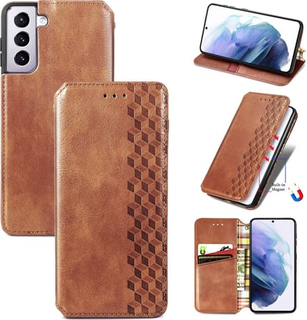 Luxe PU Lederen Ruitpatroon Wallet Case + PMMA Screenprotector voor Galaxy S21+ 5G _ Bruin