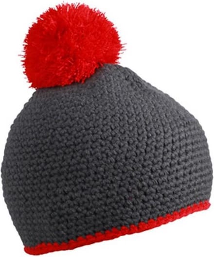 Myrtle Beach - Unisex Contrasterende Gestreepte Muts met Pompom (Grijs/Rood)