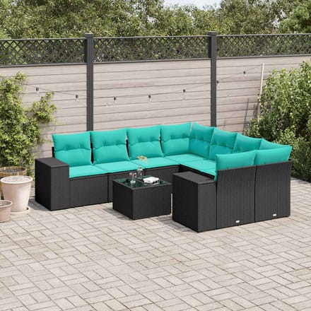 vidaXL - 9-delige - tuinbankset - met - kussens - van - zwart - polyrotan