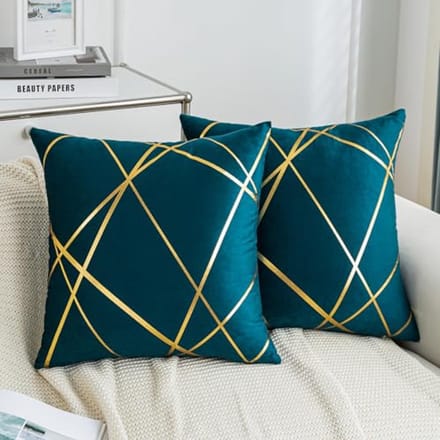 Decoratieve Sofakussen 50 x 50 cm - Watergroen met Gouden Lijn - Set van 2
