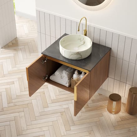 REDOM - Wandgemonteerd Badkamermeubel - Rond Keramisch Waskom - Diagonaal Ontwerp - Badkamer - Multiplex - Bruin Eikenlook - 61 cm